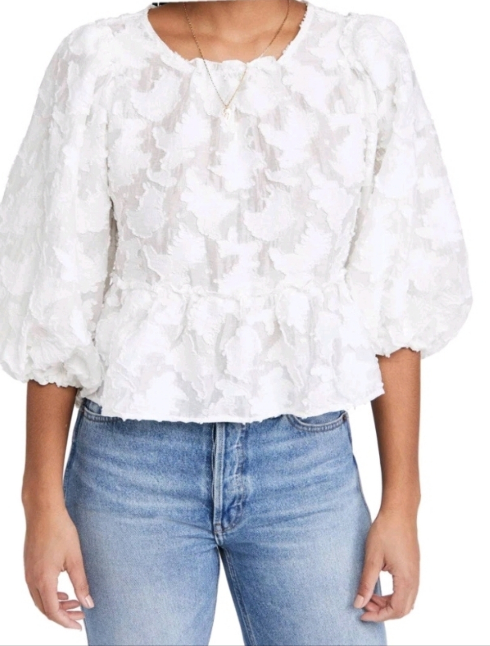 Free People Callie White Puff Sleeve Appliqué Blouse With Open Back. Sz Large
